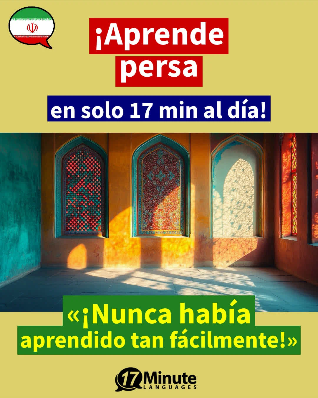 ¡Enseña el persa considerablemente más rápido que los métodos de enseñanza convencionales y con solo 17 minutos al día! – aprendizaje diario