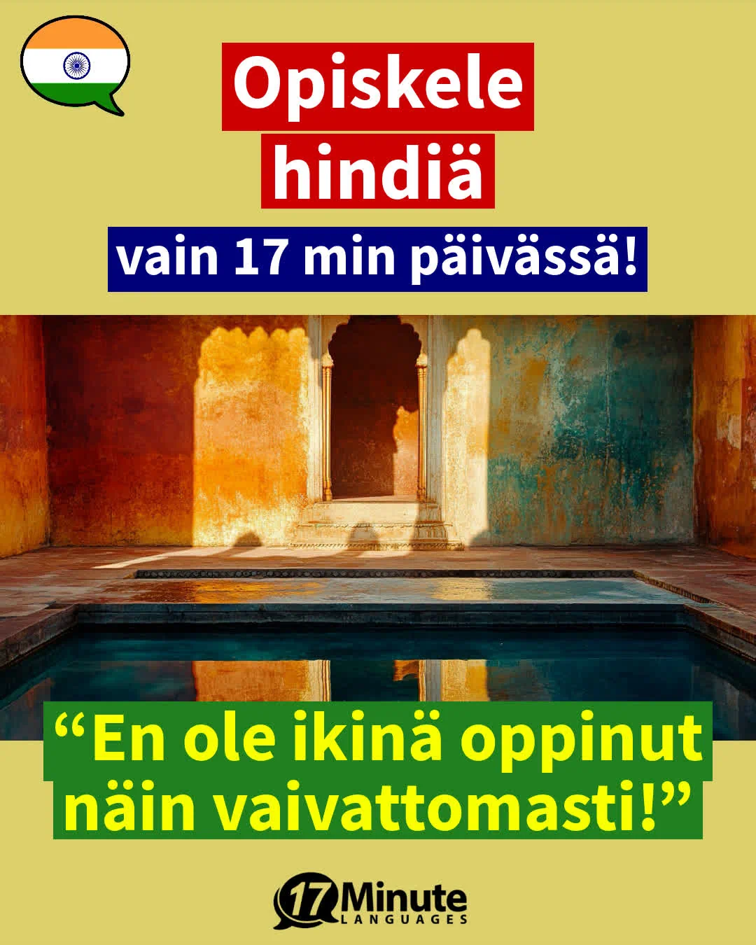 Opettaa hindin kielen huomattavasti nopeammin kuin perinteiset oppimismenetelmät – opiskele vain 17 minuuttia päivässä! – daily learning